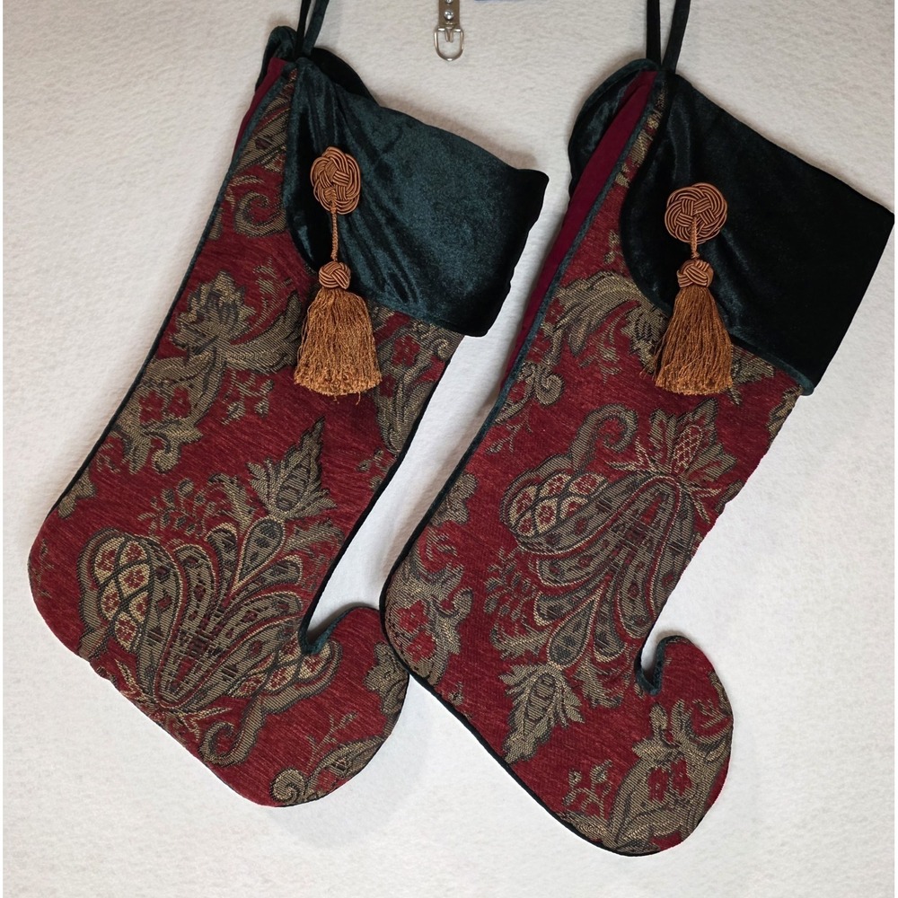 2 XL Tapestry &‎ Velvet Red Green Gold Trim & Tassels Christmas Stockings 22"